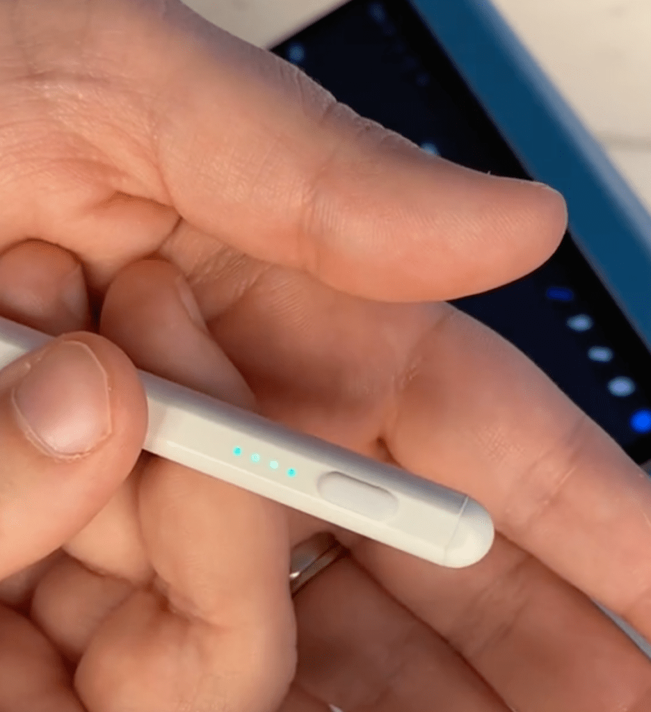 Just double tap on the end of the Pencil until the indicator lights come on. Easy and convenient.